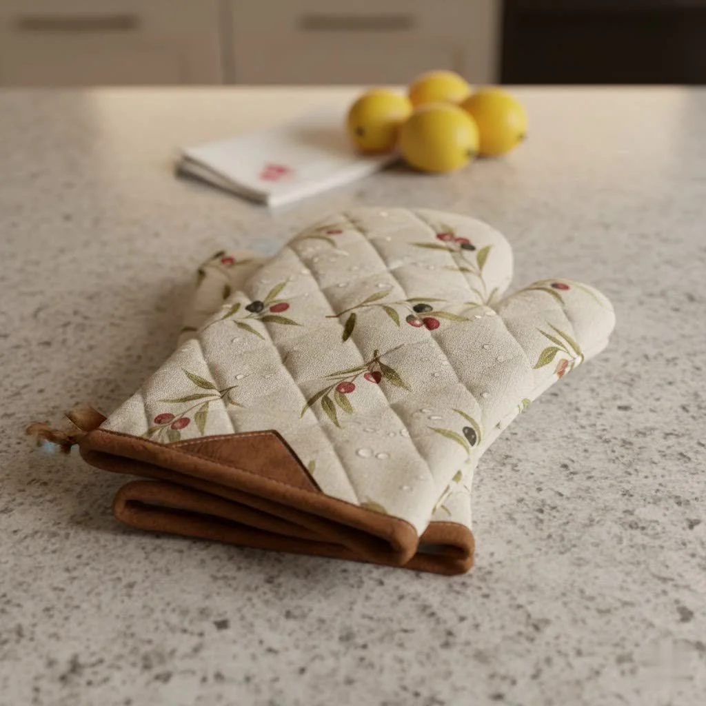 Person wearing a finger oven mitt holding a hot baking dish