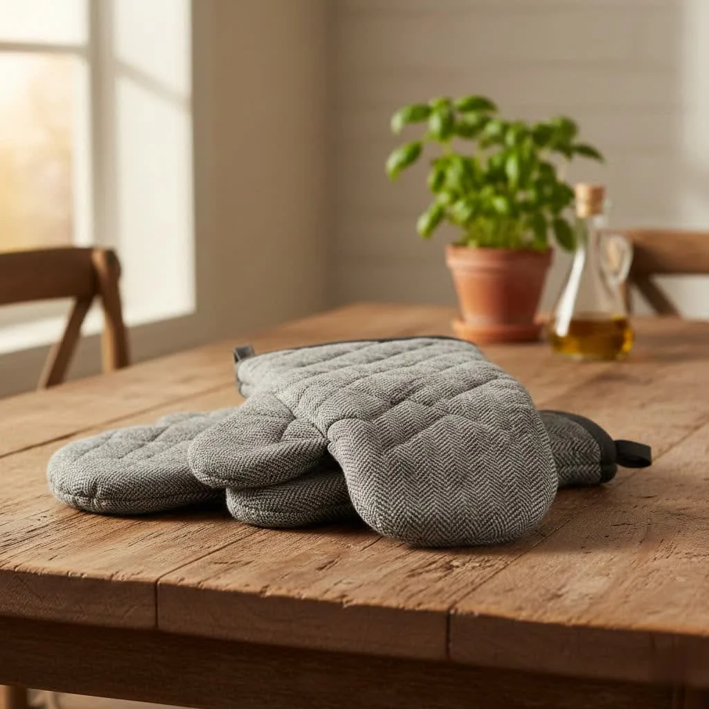 Red silicone oven mitts on a kitchen counter