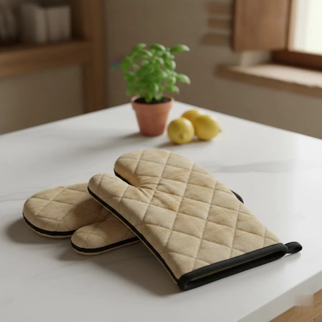 All-Clad oven mitts with silicone stripes on a kitchen counter