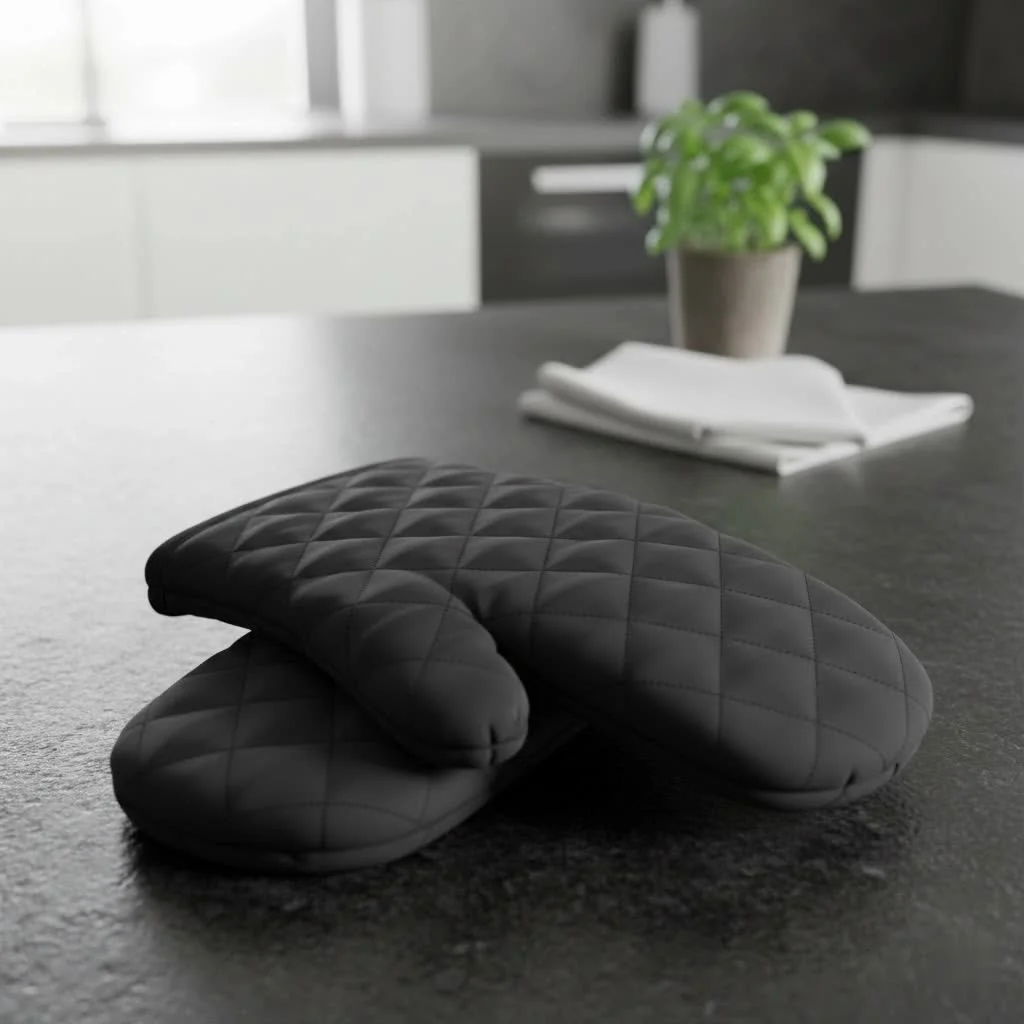 Small oven mitts protecting hands while handling a hot pot