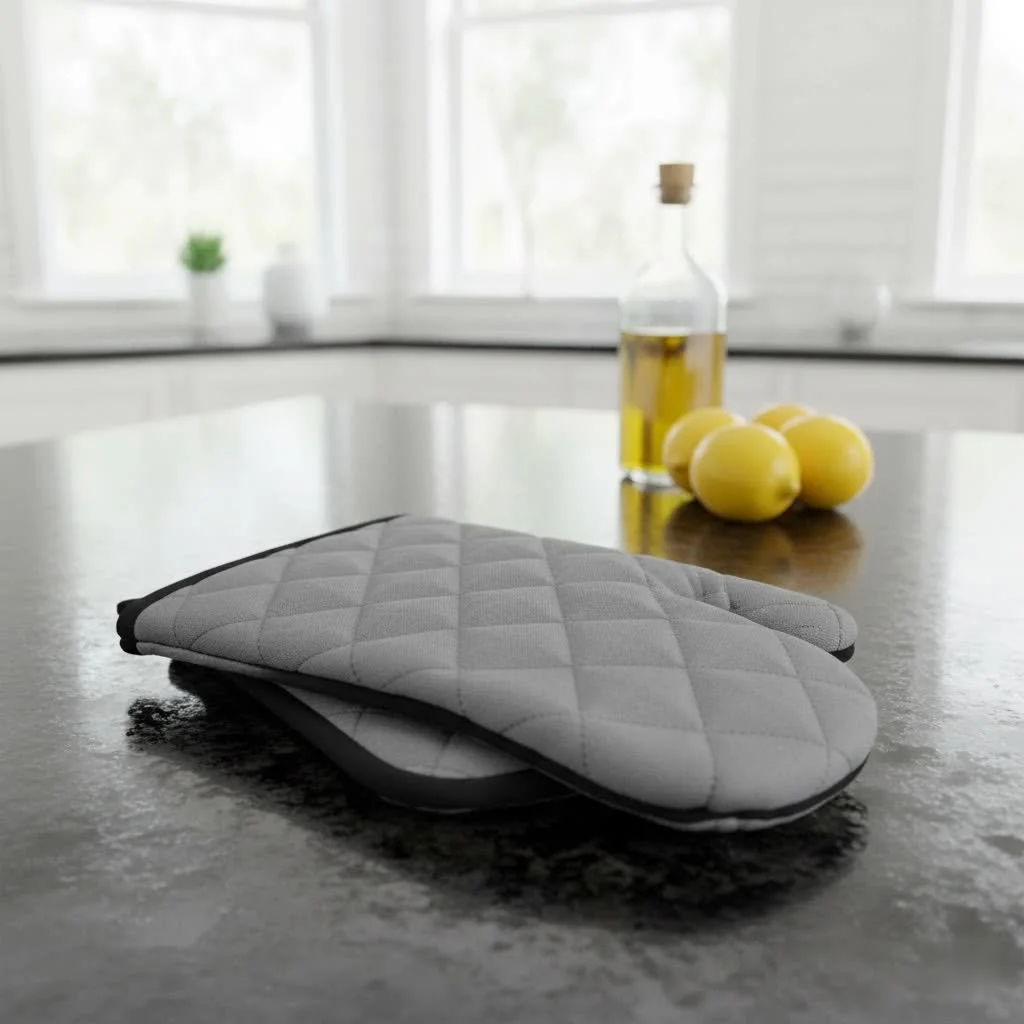 Person confidently holding a hot baking sheet with high temperature oven mitts